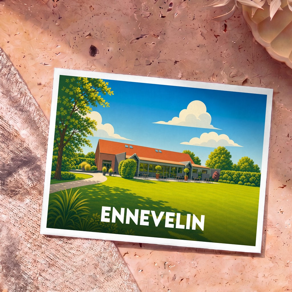 Carte postale souvenir de la ville d'Ennevelin avec une illustration stylisée de son paysage.