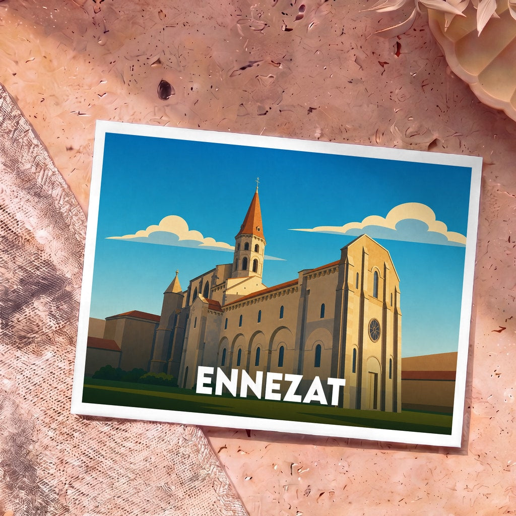 Carte postale souvenir de la ville d'Ennezat avec une illustration stylisée de son église romane.