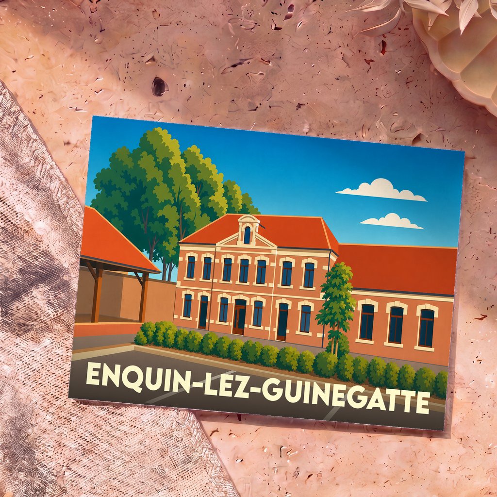 Carte postale souvenir de la ville d'Enquin-lez-Guinegatte avec une illustration stylisée d'un bâtiment communal.