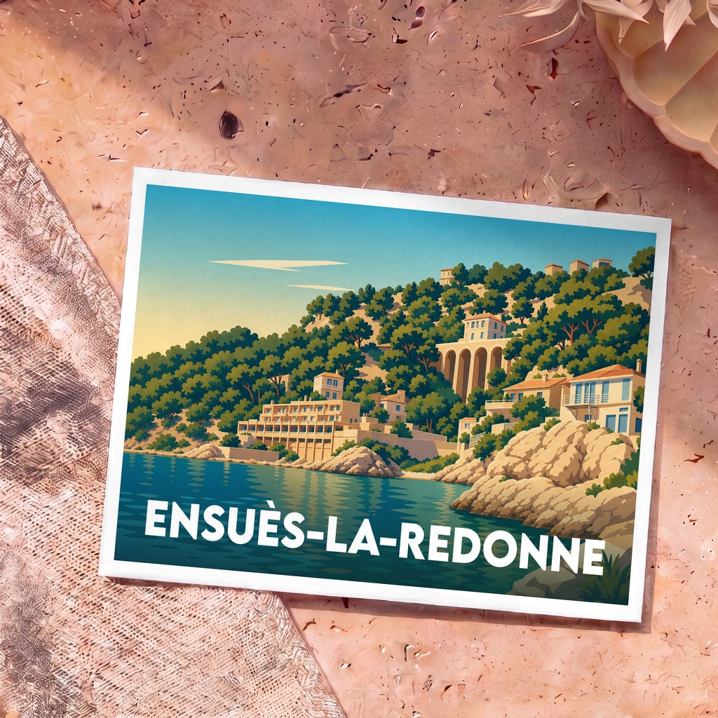 Carte postale souvenir de la ville d'Ensuès-la-Redonne avec une illustration stylisée de son littoral escarpé.