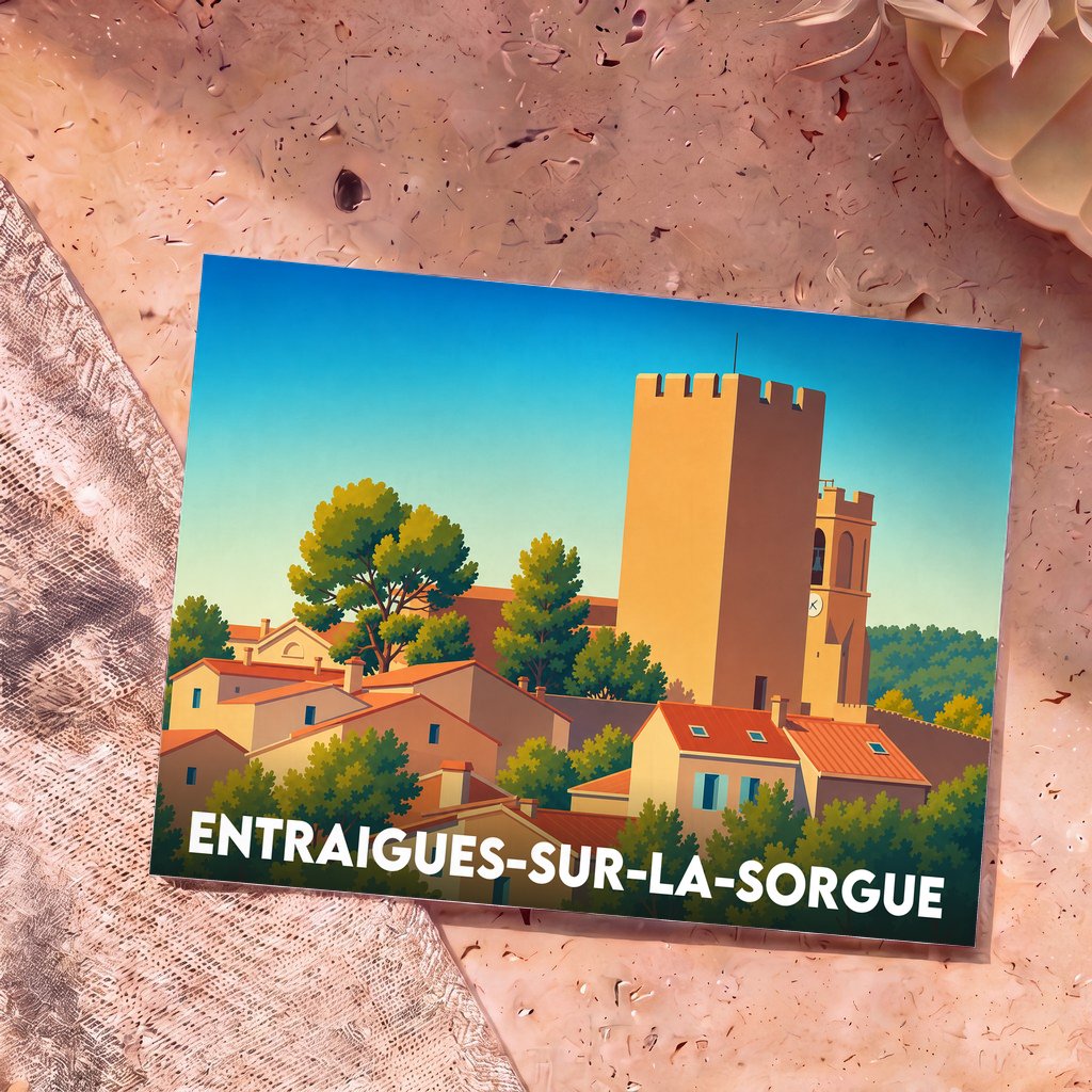 Carte postale souvenir d'Entraigues-sur-la-Sorgue présentant une illustration stylisée et colorée de la ville et de sa tour médiévale.