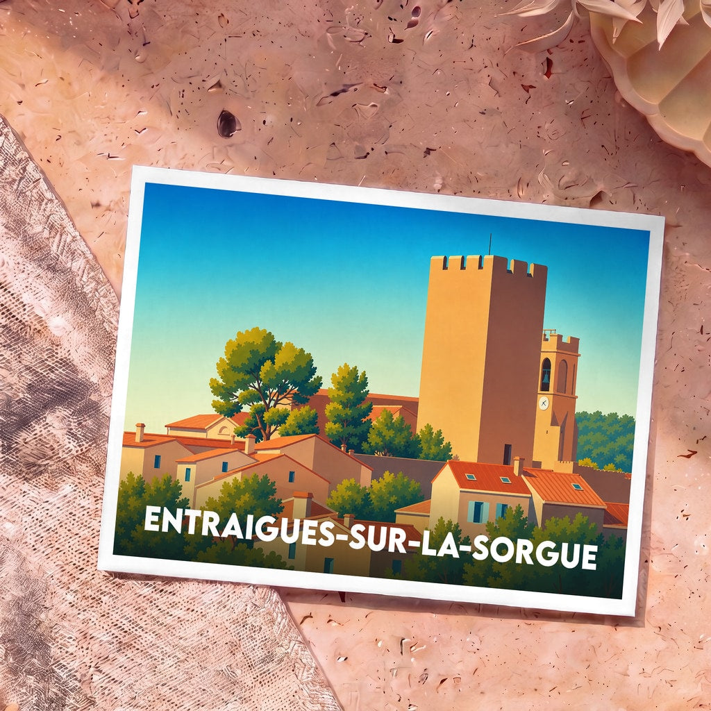 Carte postale souvenir d'Entraigues-sur-la-Sorgue présentant une illustration stylisée et colorée de la ville et de sa tour médiévale.