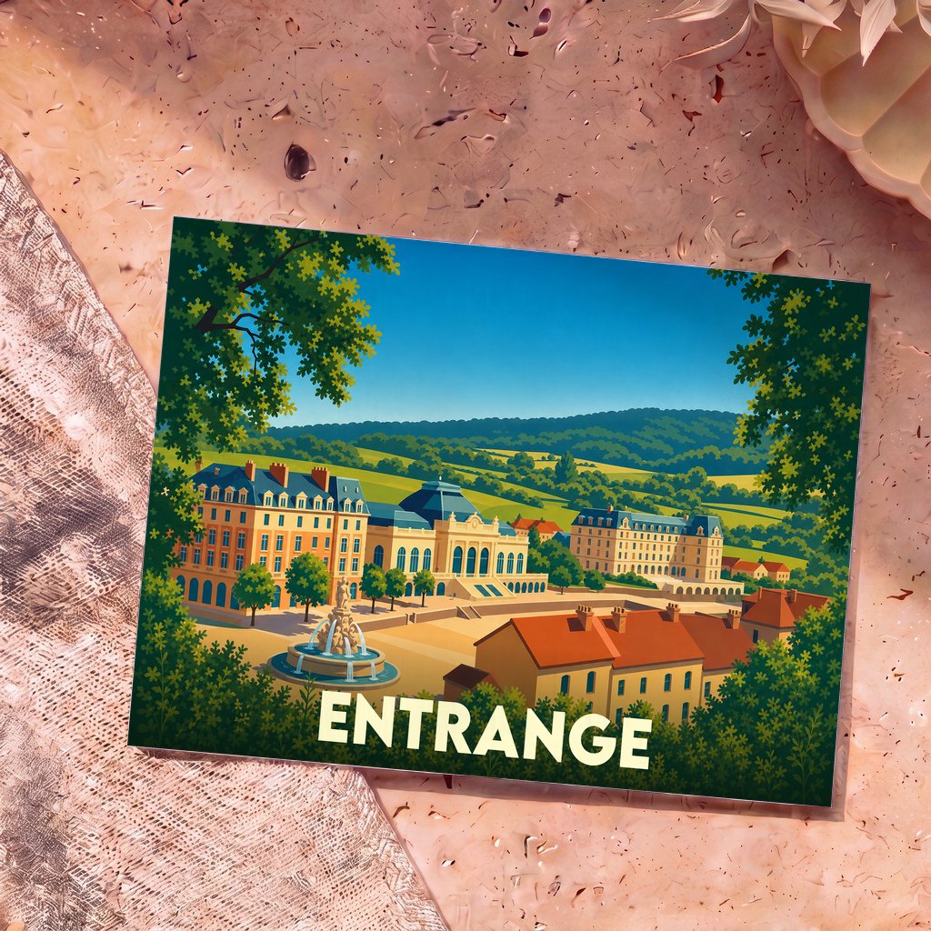 Carte postale souvenir de la ville de Entrange avec une illustration stylisée de ses bâtiments et paysages.