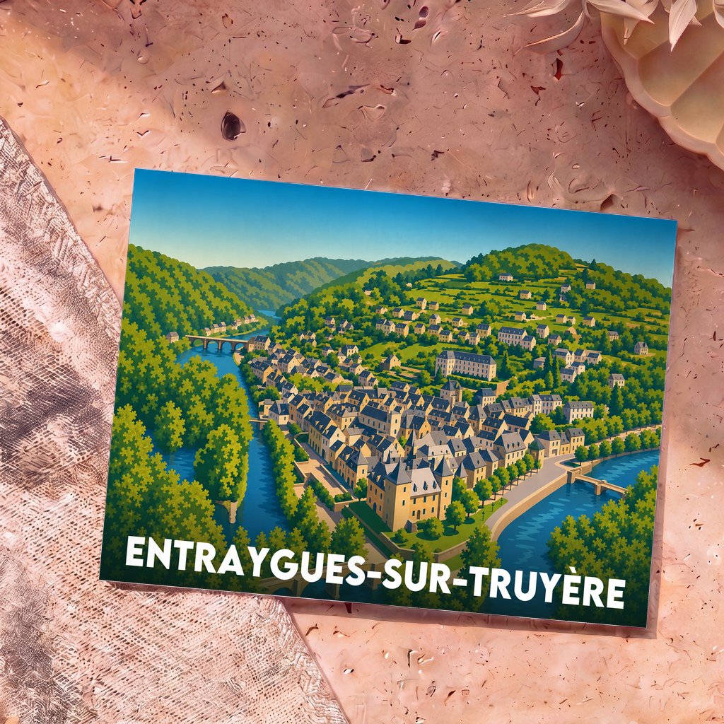 Carte postale souvenir de la ville d'Entraygues-sur-Truyère avec une illustration colorée et stylisée.