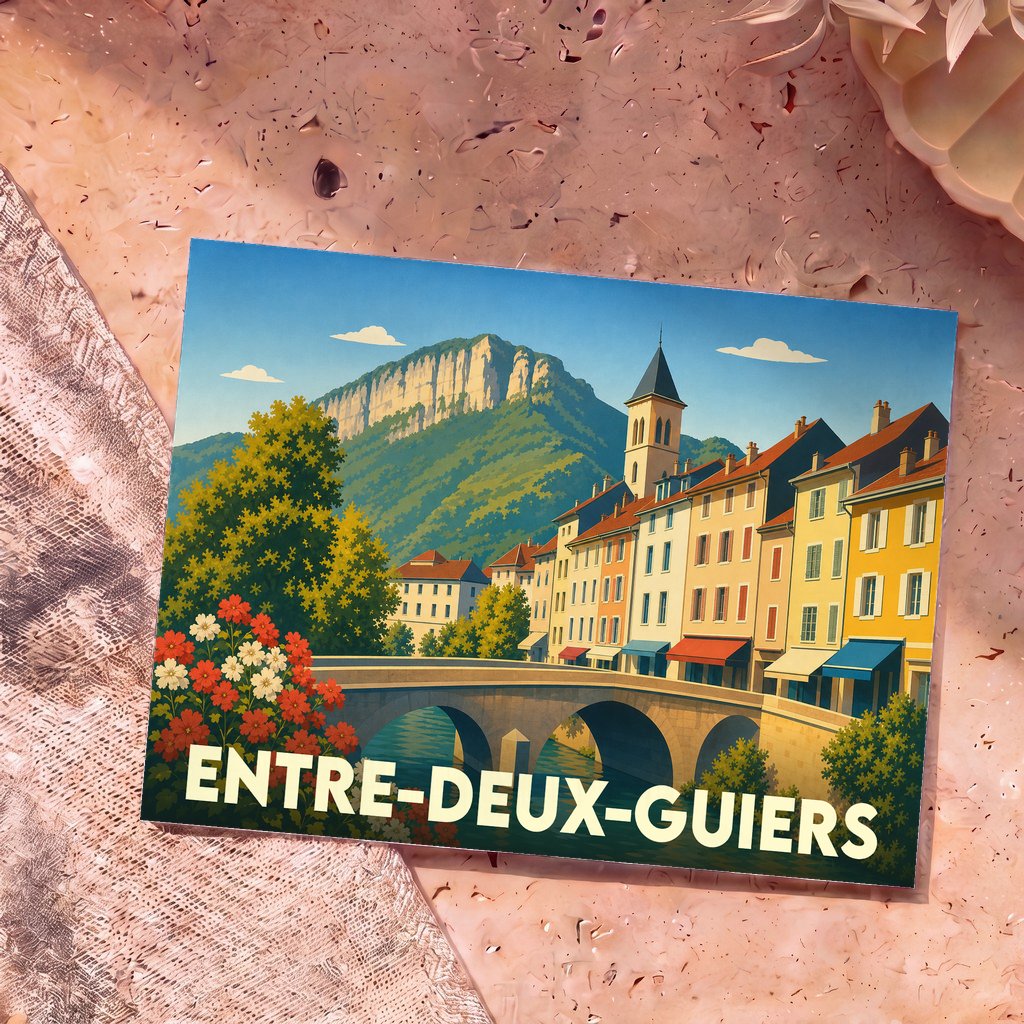 Carte postale souvenir de la ville d'Entre-deux-Guiers avec une illustration stylisée d'un pont et de montagnes.