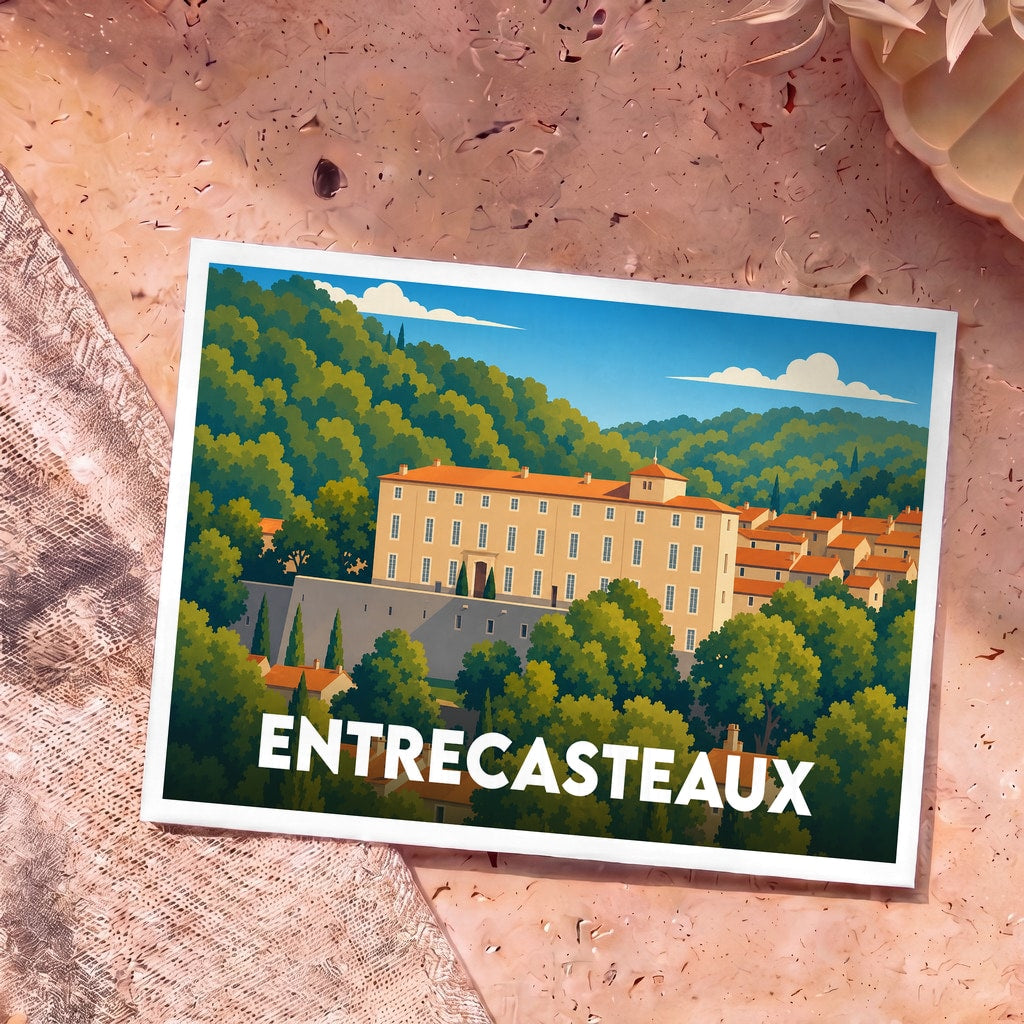 Carte postale souvenir d'Entrecasteaux avec une illustration stylisée de son château niché au cœur de collines verdoyantes.