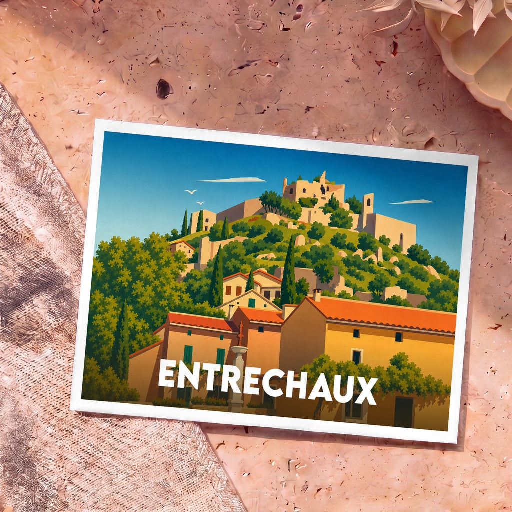 Carte postale souvenir de la ville d'Entrechaux avec une illustration stylisée de son village perché et de son château.