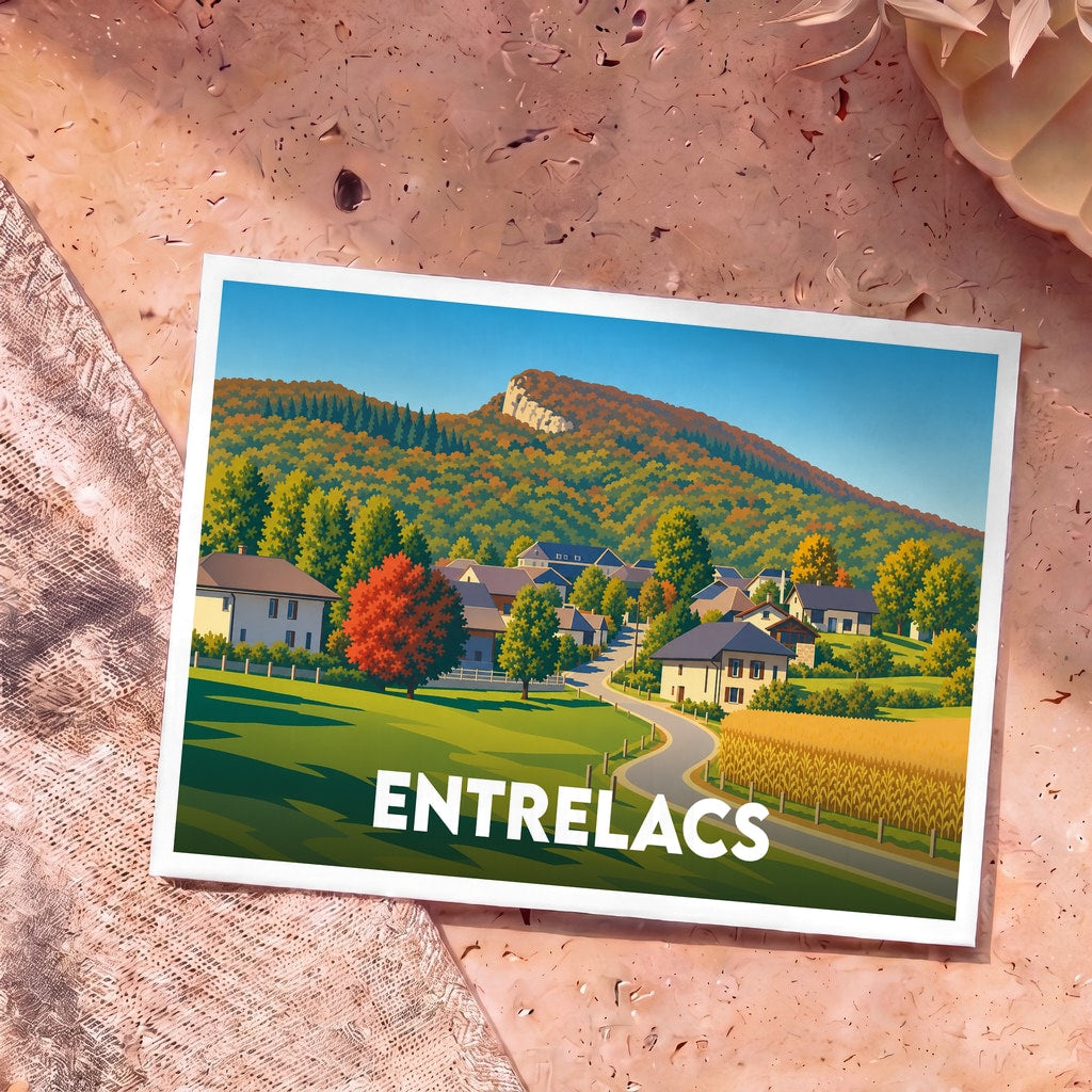 Carte postale souvenir de la ville d'Entrelacs avec une illustration stylisée de son paysage vallonné.
