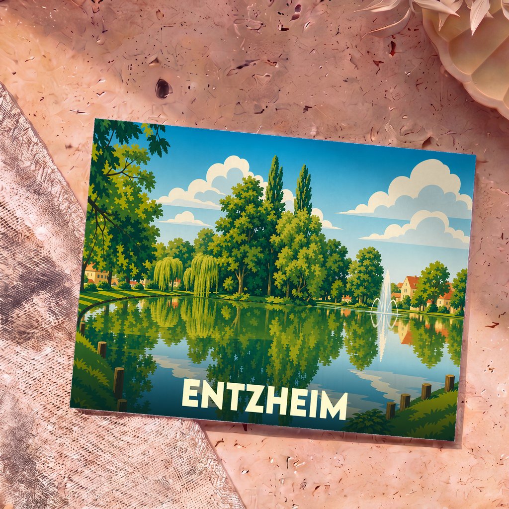 Carte postale souvenir de la ville de Entzheim avec une illustration stylisée d'un lac et de sa végétation.