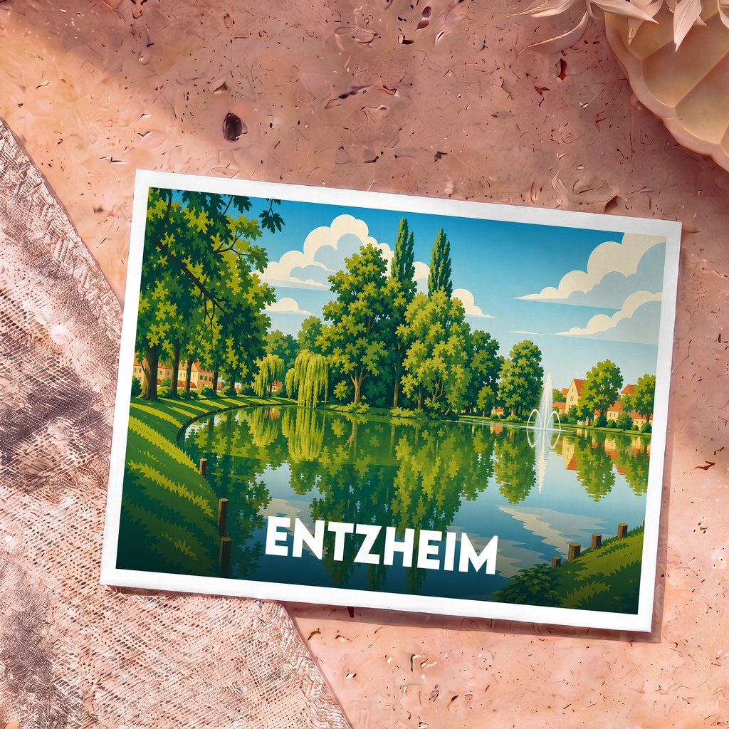 Carte postale souvenir de la ville de Entzheim avec une illustration stylisée d'un lac et de sa végétation.