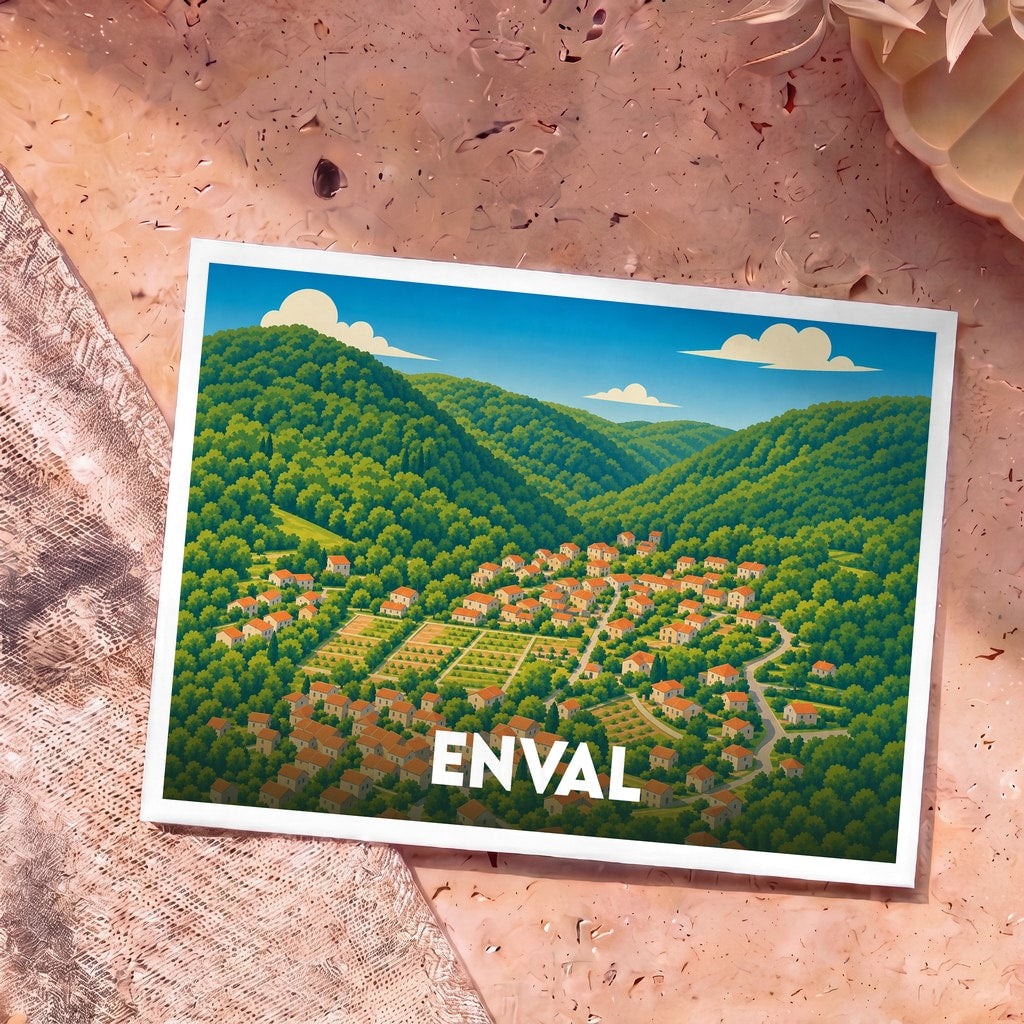Carte postale souvenir de la ville d'Enval avec une illustration stylisée d'un village niché au cœur de collines boisées.