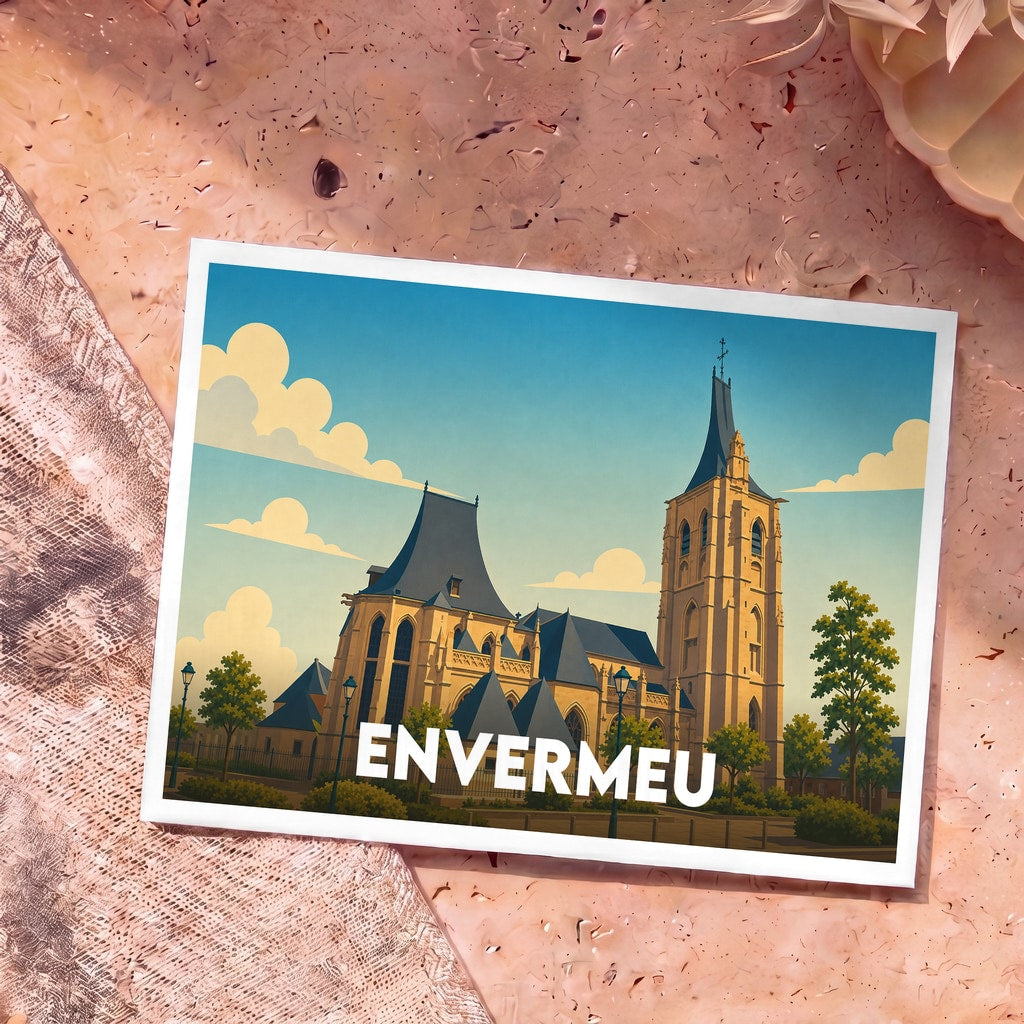 Carte postale souvenir de la ville d'Envermeu avec une illustration stylisée de son église.