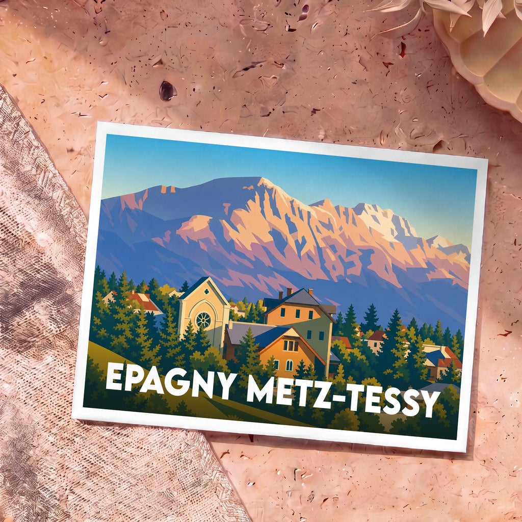 Carte postale souvenir de la commune d'Epagny Metz-Tessy avec une illustration stylisée de montagnes et de bâtiments typiques.