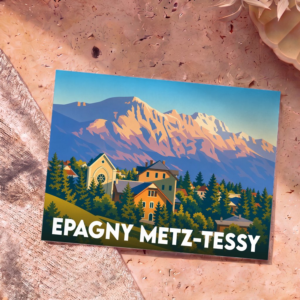 Carte postale souvenir de la commune d'Epagny Metz-Tessy avec une illustration stylisée de montagnes et de bâtiments typiques.