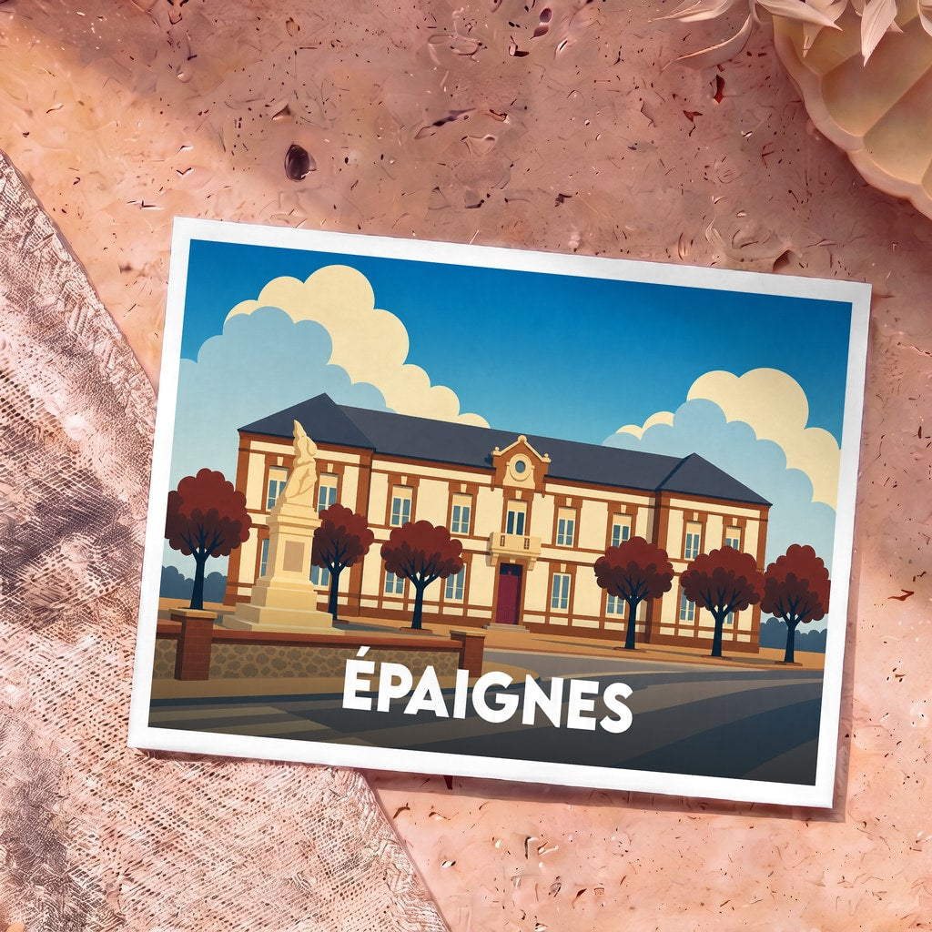 Carte postale souvenir de la ville de Épaignes avec une illustration stylisée d'un bâtiment historique et d'un monument.