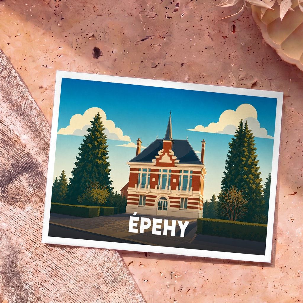 Carte postale souvenir de la ville d'Épehy avec une illustration stylisée de son hôtel de ville.