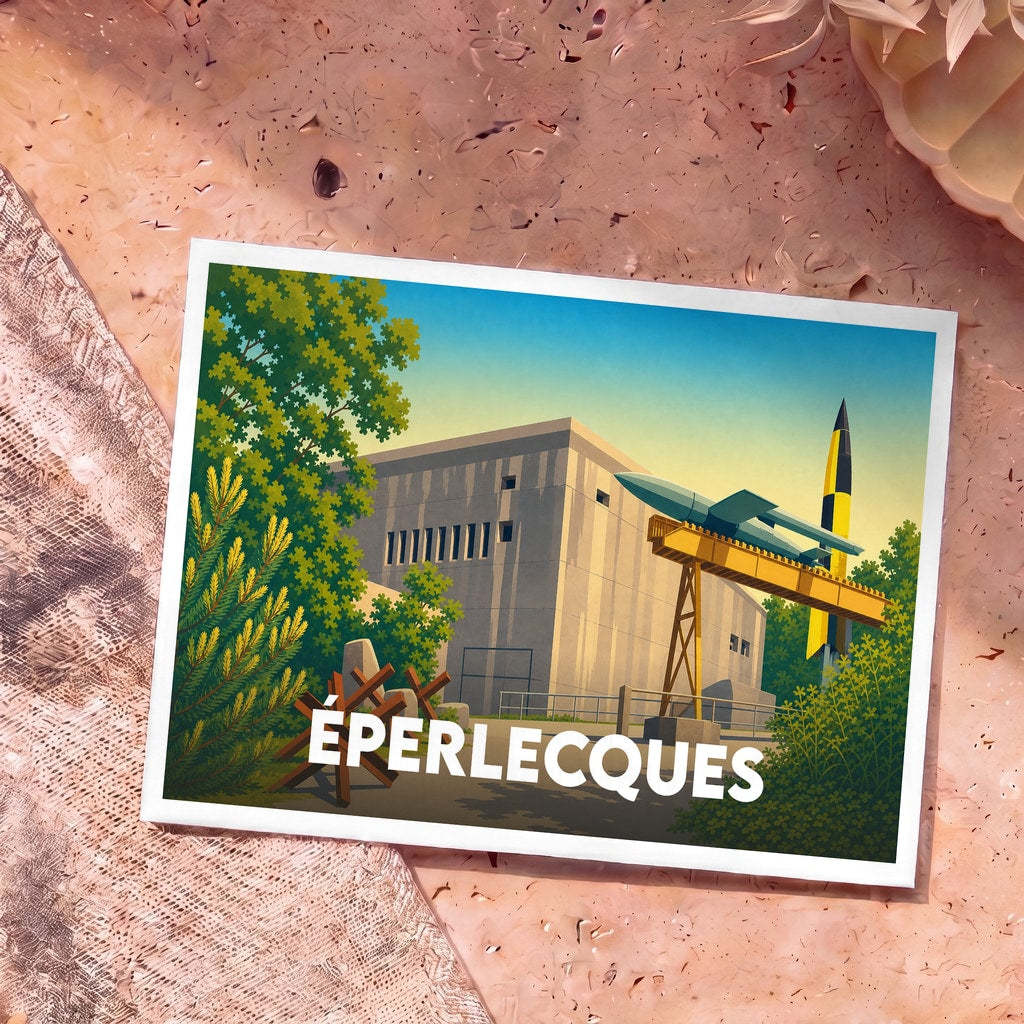 Carte postale souvenir de la ville d'Éperlecques illustrant son célèbre blockhaus avec une fusée V2 et un missile V1.
