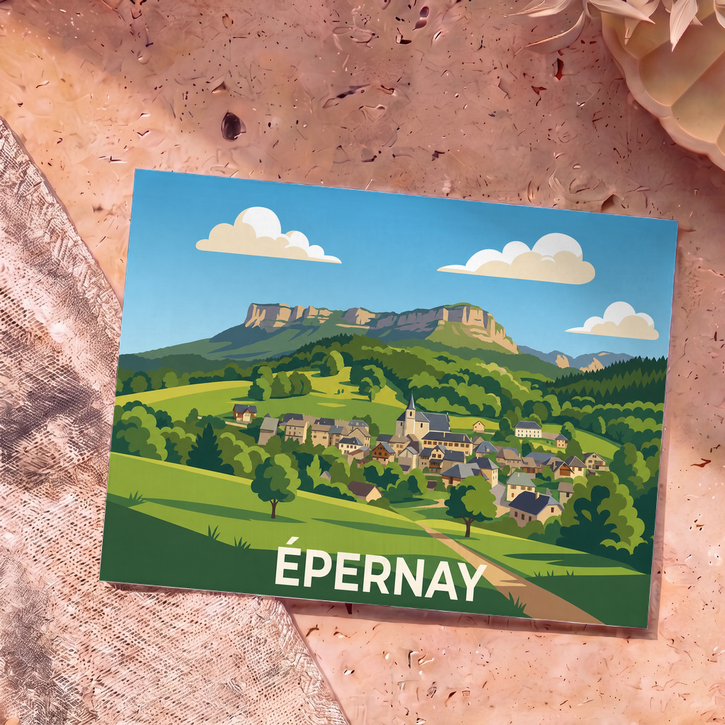 Carte postale souvenir de la ville d'Épernay avec une illustration stylisée de son paysage vallonné.