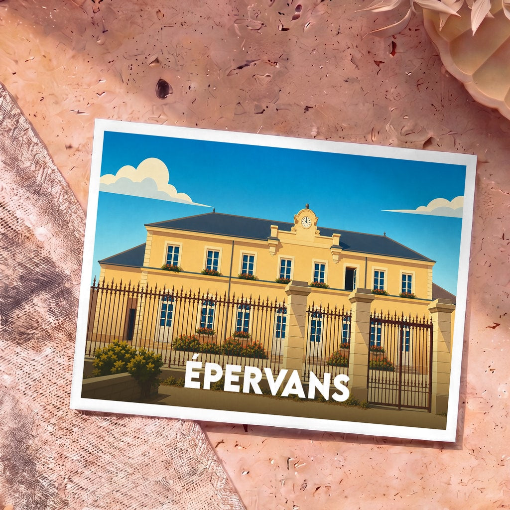 Carte postale souvenir de la ville d'Épervans avec une illustration stylisée de sa mairie.