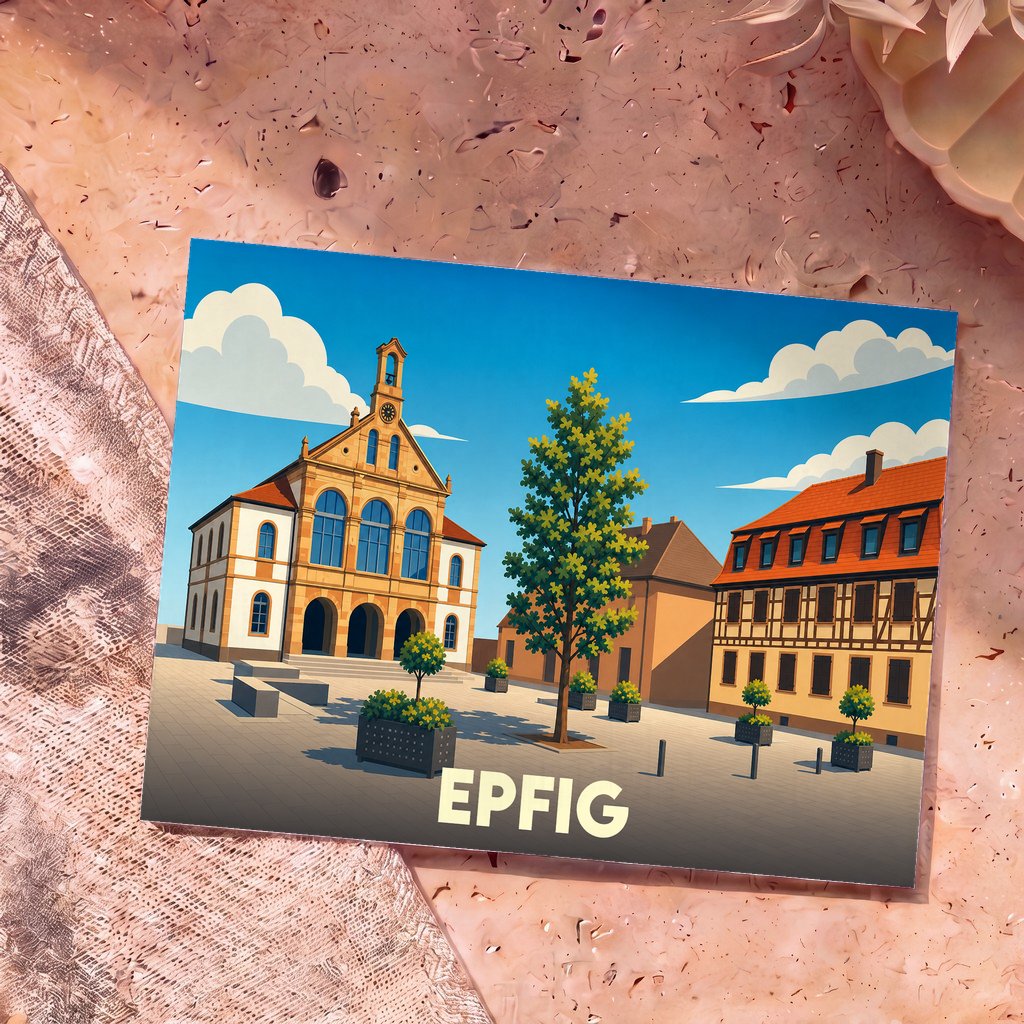 Carte postale souvenir de la ville d'Epfig avec une illustration stylisée de sa place principale.
