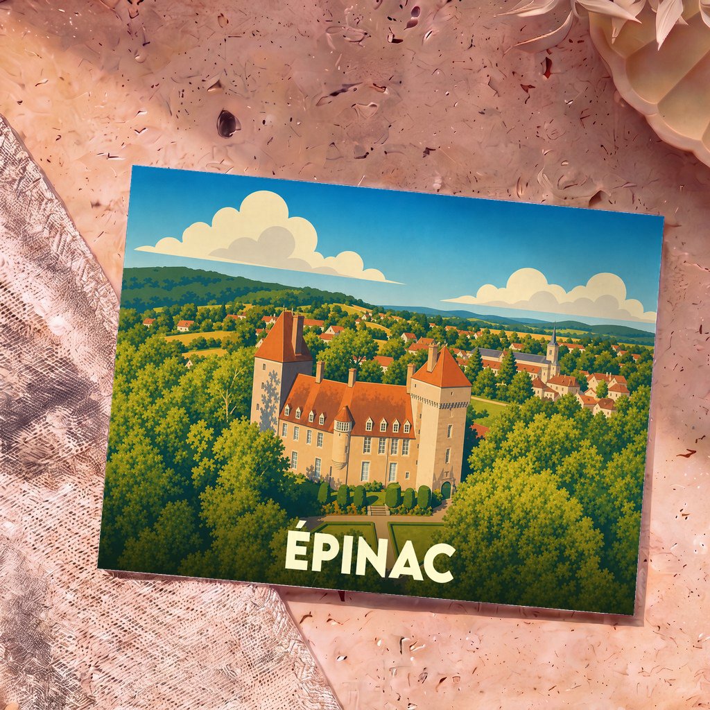 Carte postale souvenir de la ville d’Épinac avec une illustration stylisée d'un château entouré de verdure.