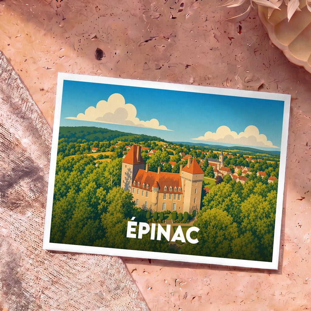 Carte postale souvenir de la ville d’Épinac avec une illustration stylisée d'un château entouré de verdure.