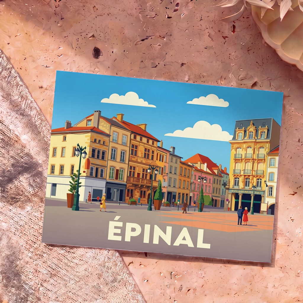 Carte postale souvenir de la ville d'Épinal illustrée d'une place de ville colorée dans un style vintage.