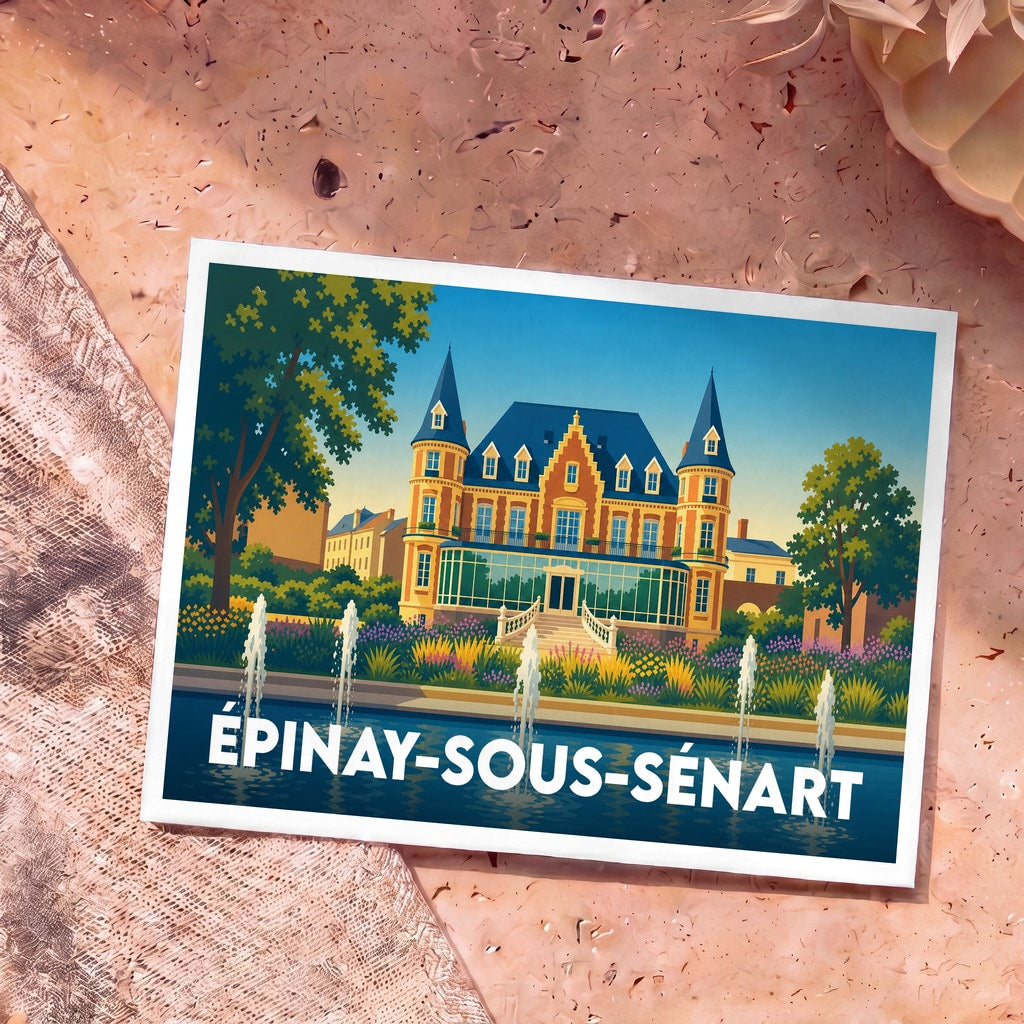 Carte postale souvenir de la ville d'Épinay-sous-Sénart avec une illustration colorée et stylisée de l'hôtel de ville.