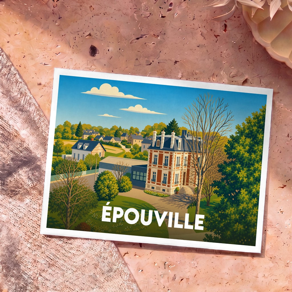 Carte postale souvenir de la ville d'Épouville illustrant un grand manoir entouré de verdure dans un style graphique épuré.