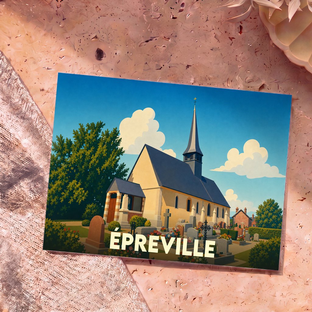 Carte postale souvenir de la ville d'Épreville avec une illustration stylisée de son église et de son cimetière.