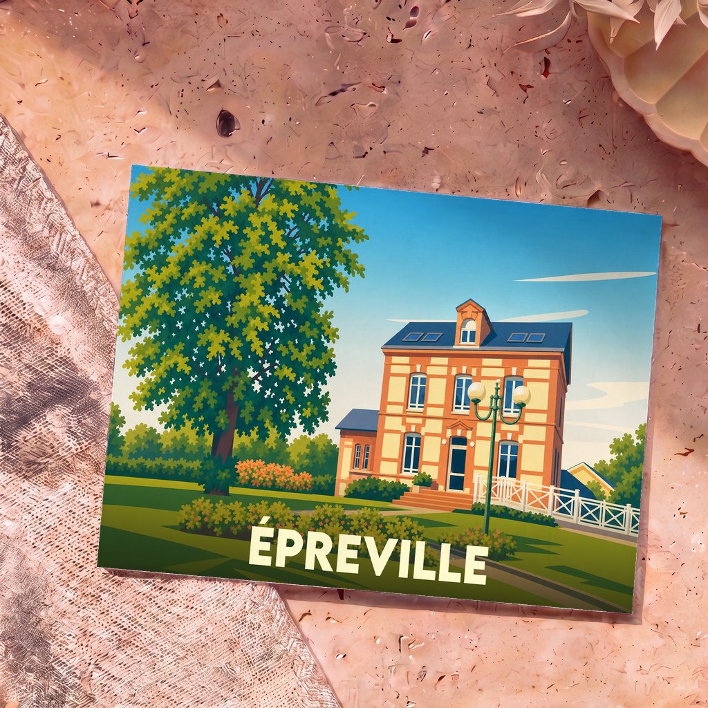 Carte postale souvenir de la ville d'Épreville avec une illustration stylisée d'une grande maison de maître.