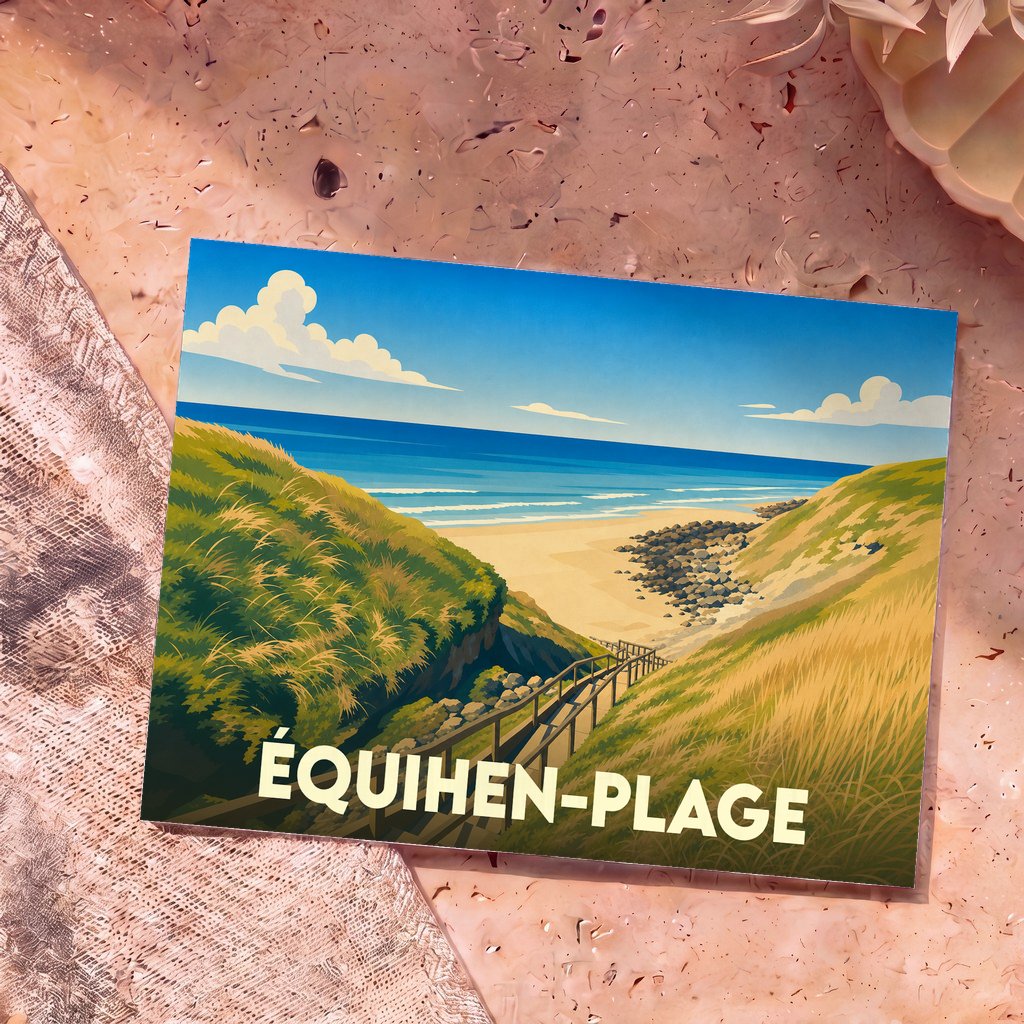 Carte postale souvenir de la ville d'Équihen-Plage avec une illustration stylisée du bord de mer.