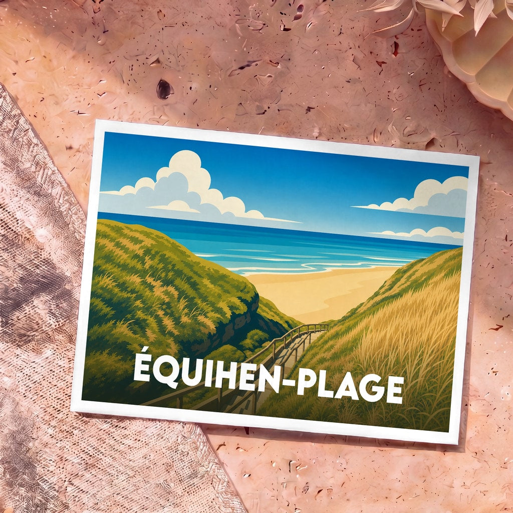 Carte postale souvenir de la ville d'Équihen-Plage avec une illustration stylisée du bord de mer.