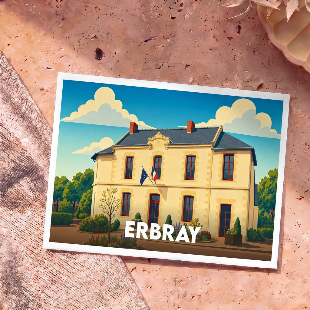 Carte postale souvenir de la ville d'Erbray avec une illustration stylisée de sa mairie.
