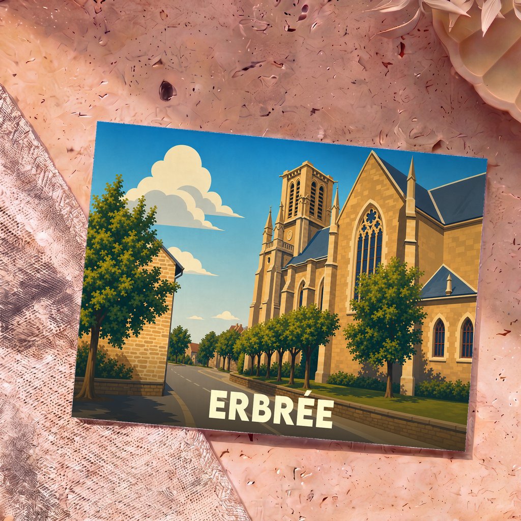 Carte postale souvenir de la ville d'Erbrée avec une illustration stylisée de son église sous un ciel bleu.