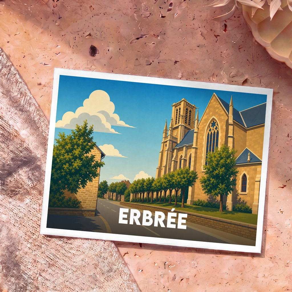 Carte postale souvenir de la ville d'Erbrée avec une illustration stylisée de son église sous un ciel bleu.