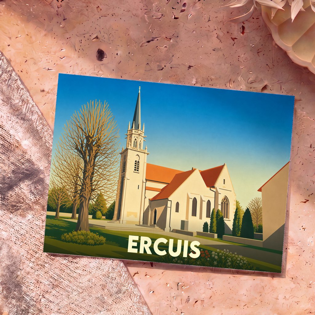 Carte postale souvenir de la ville d'Ercuis avec une illustration stylisée de son église sous un ciel bleu.