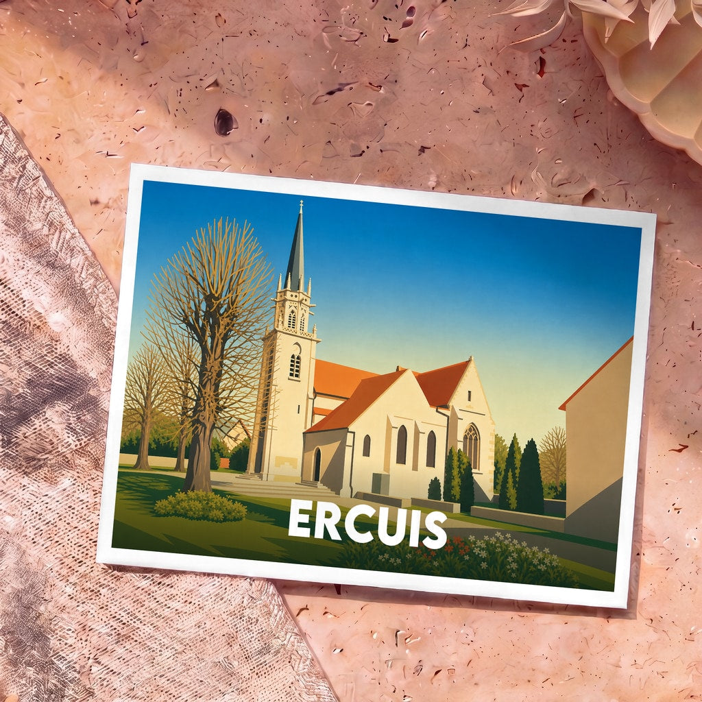 Carte postale souvenir de la ville d'Ercuis avec une illustration stylisée de son église sous un ciel bleu.