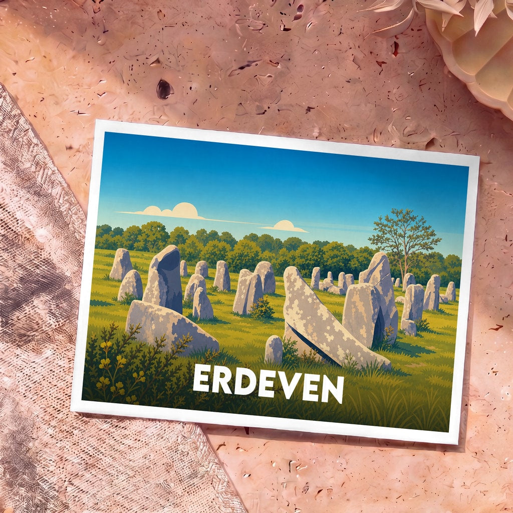 Carte postale souvenir de la ville d'Erdeven illustrant ses célèbres alignements de menhirs dans un style graphique épuré.