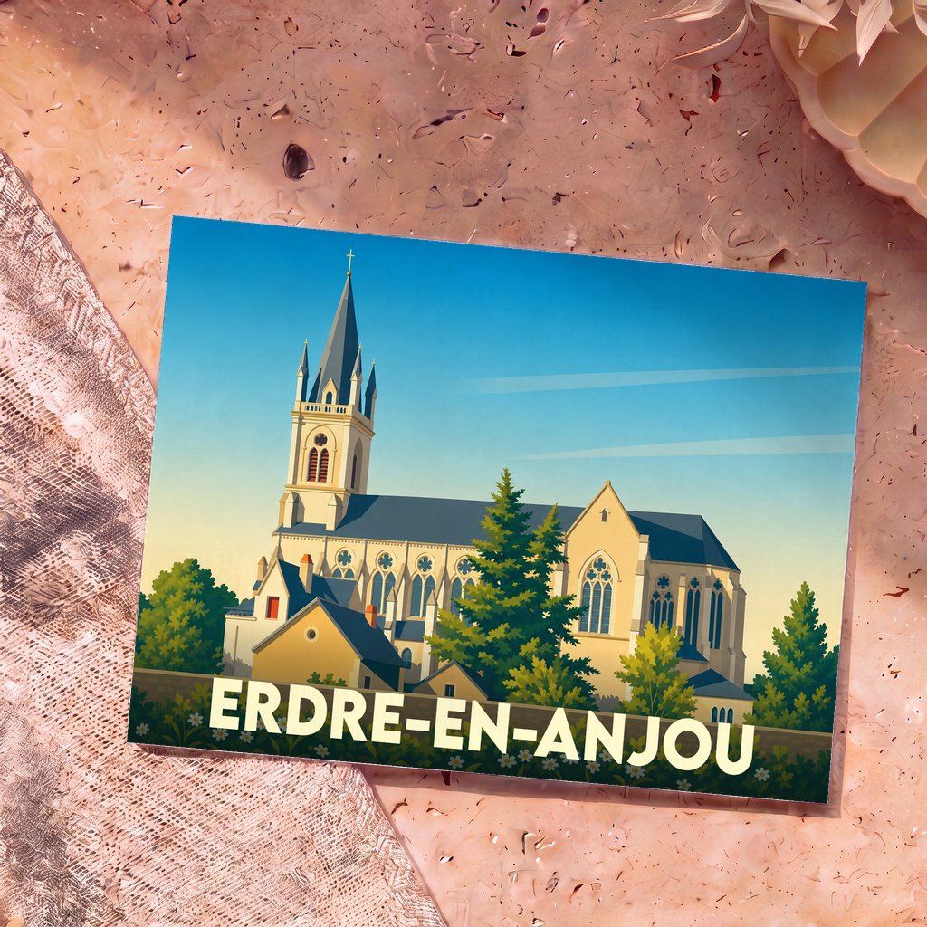 Carte postale souvenir de la commune d'Erdre-en-Anjou avec une illustration stylisée de son église.