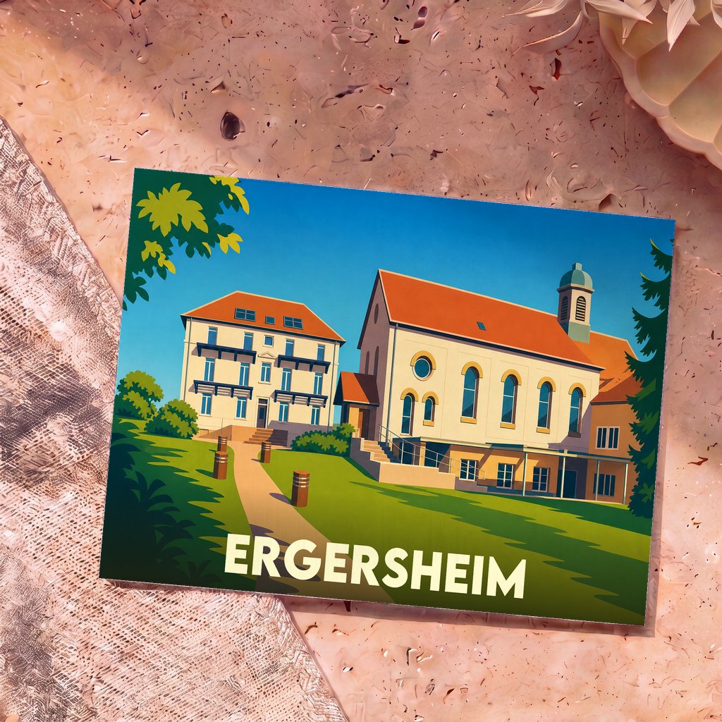 Carte postale souvenir de la ville d'Ergersheim avec une illustration stylisée de ses bâtiments emblématiques.