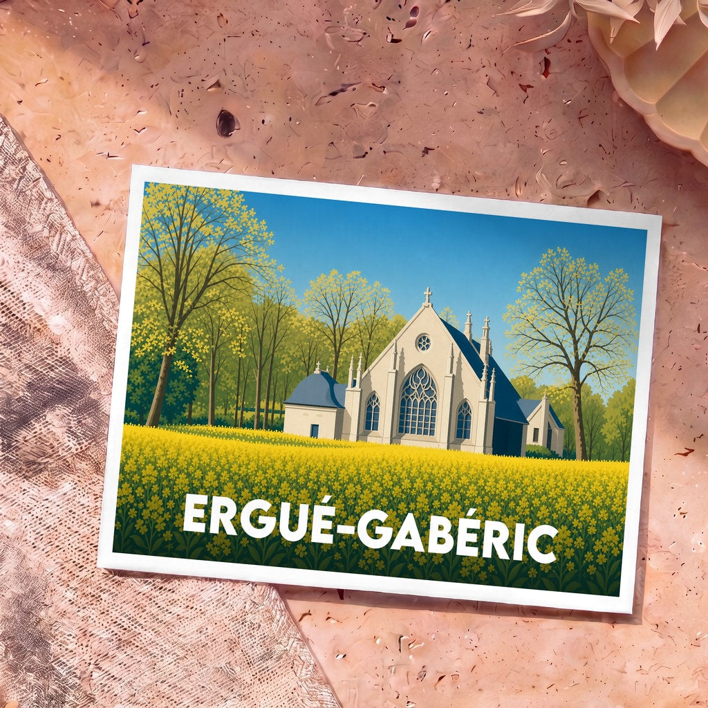 Carte postale souvenir de la ville d'Ergué-Gabéric avec une illustration stylisée d'une chapelle et d'un champ de fleurs.