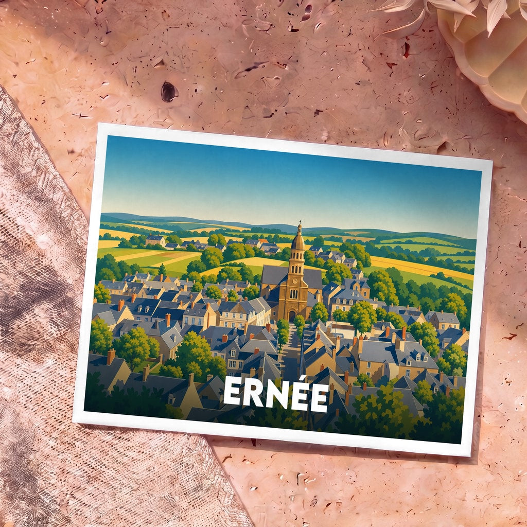 Carte postale souvenir de la ville d'Ernée avec une illustration stylisée de son église et de ses paysages vallonnés.