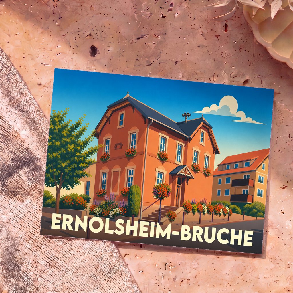 Carte postale souvenir de la ville d'Ernolsheim-Bruche avec une illustration stylisée d'une maison alsacienne fleurie.
