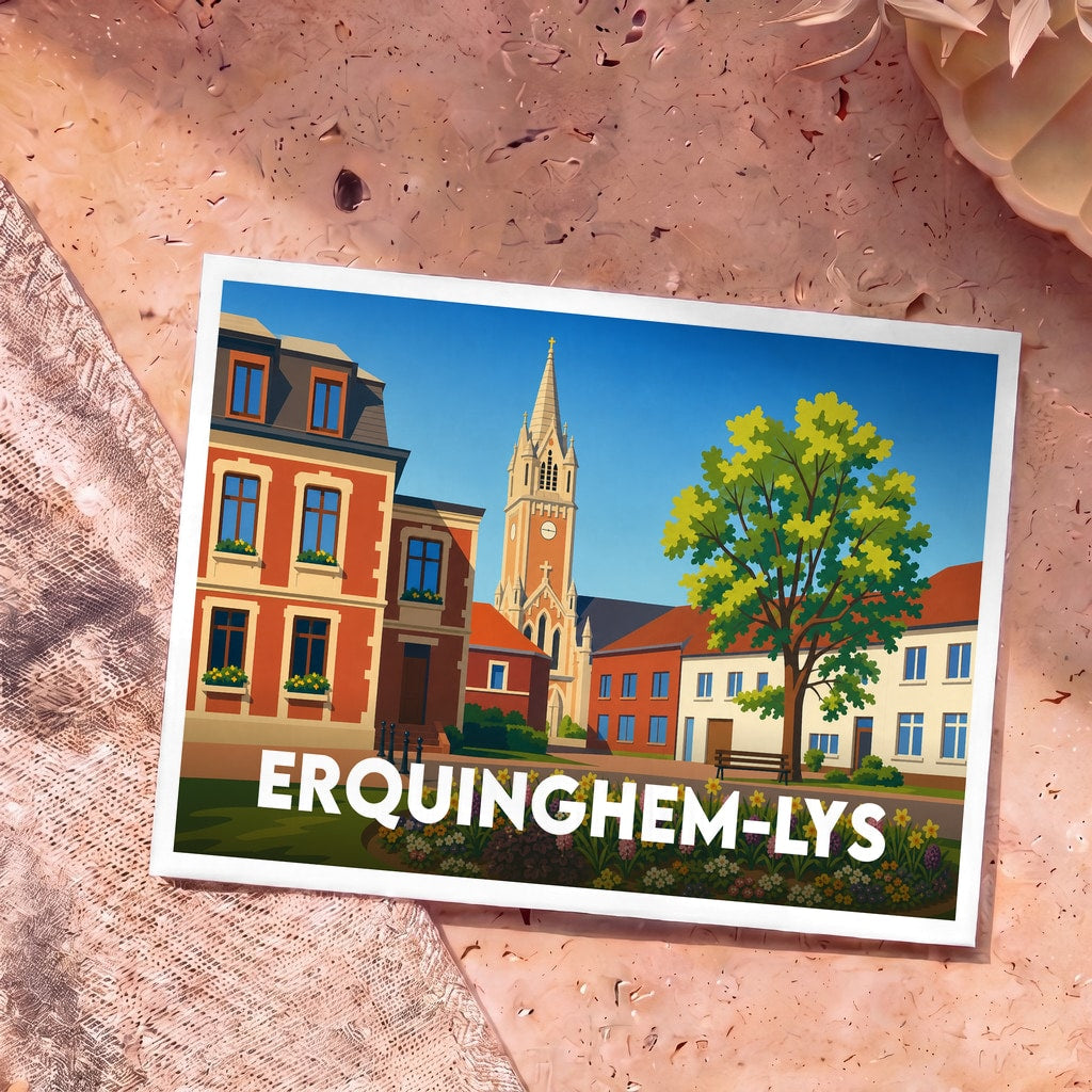 Carte postale souvenir de la ville d'Erquinghem-Lys avec une illustration colorée et stylisée de son centre-ville.