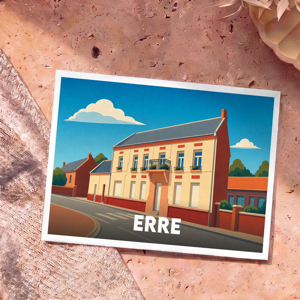 Carte postale souvenir de la ville de Erre avec une illustration stylisée d'une maison de maître.