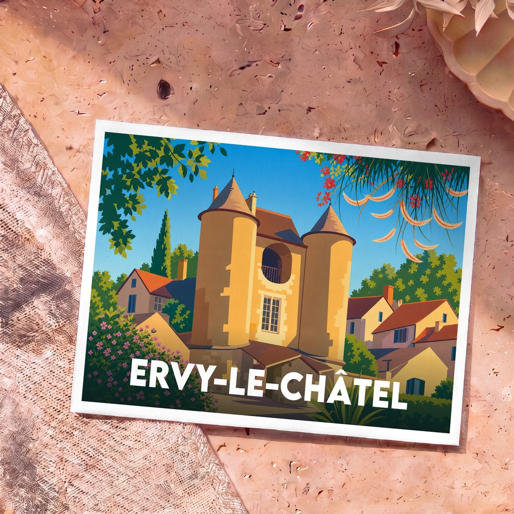 Carte postale souvenir de la ville d'Ervy-le-Châtel avec une illustration stylisée de sa porte médiévale.