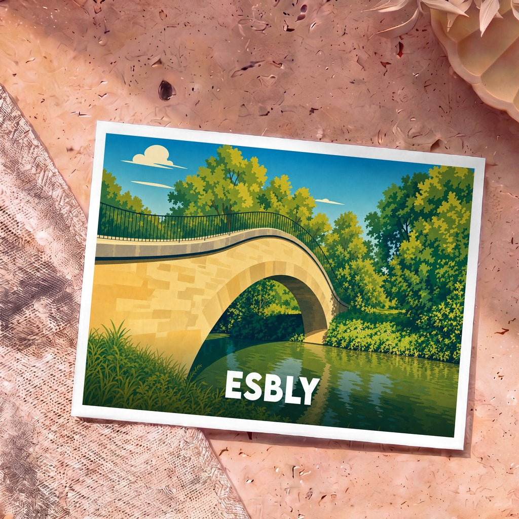 Carte postale souvenir de la ville d'Esbly avec une illustration stylisée d'un pont en pierre enjambant une rivière.