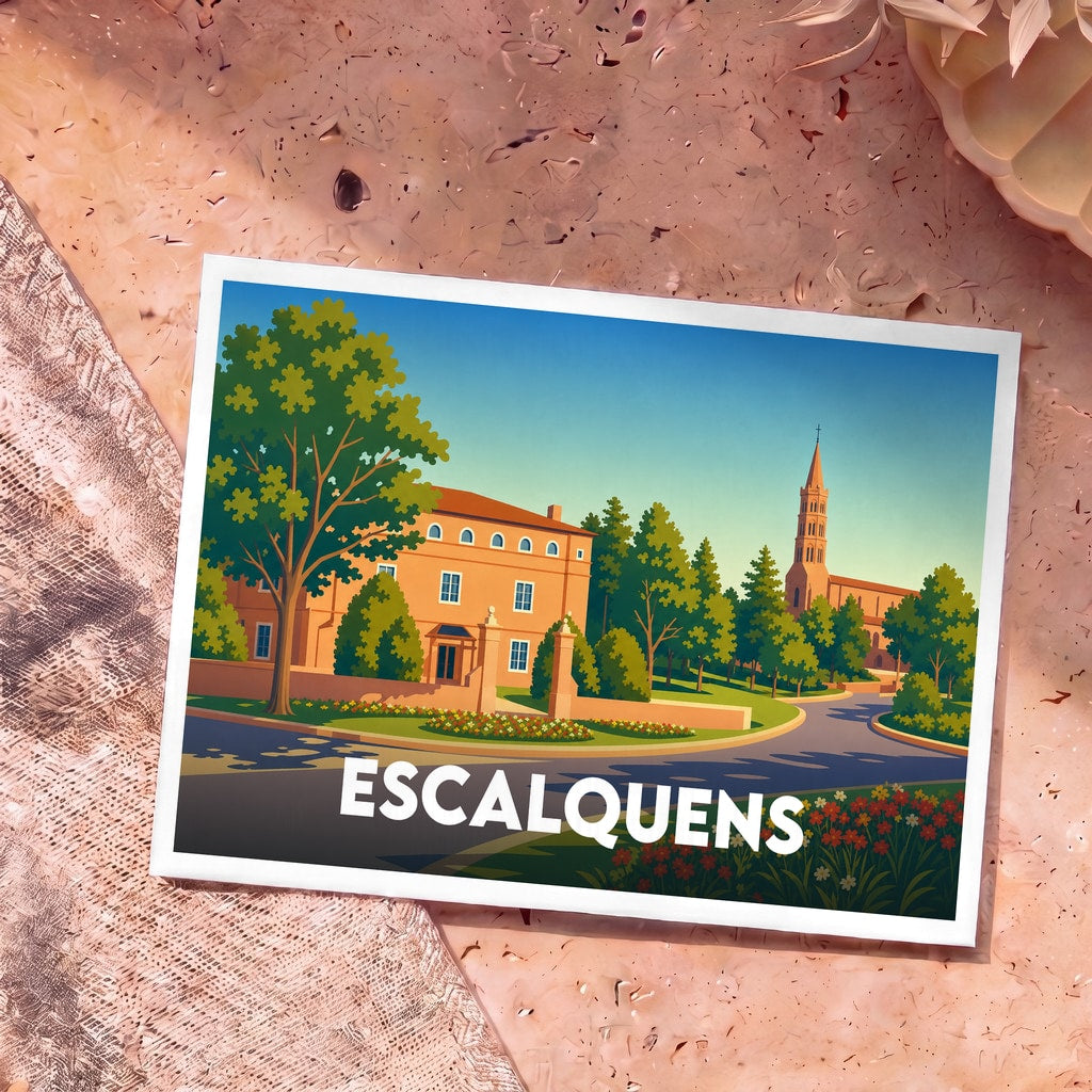 Carte postale souvenir de la ville d'Escalquens avec une illustration stylisée et colorée de ses monuments.