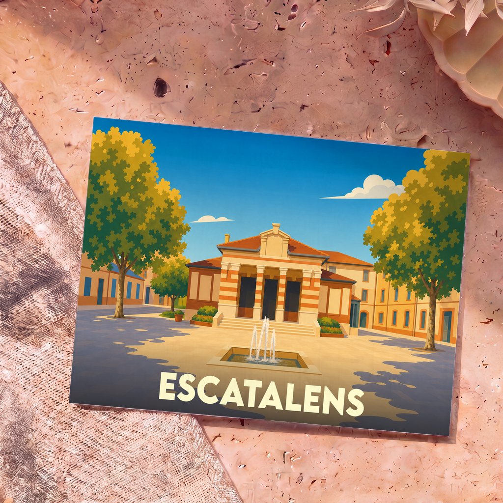 Carte postale souvenir de la ville d'Escatalens avec une illustration stylisée de sa place centrale.